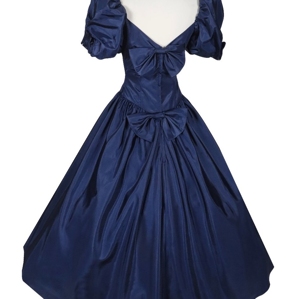 Vintage 80s Navy Blue Taffeta Puff Sleeve Full Skirt Hi Lo Prom Party Dress XS - Picture 10 of 10
